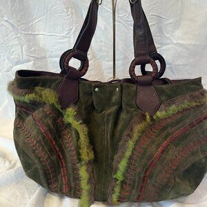 Maxx New York Hobo Shoulder Bag -- Leather Suede -- Olive Green & Embroidery